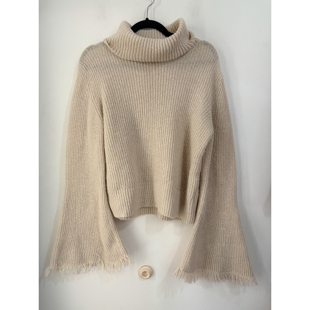 Shyanne Western Women's L Cream Turtleneck Bell Sleeve Fringe Knit Sweater